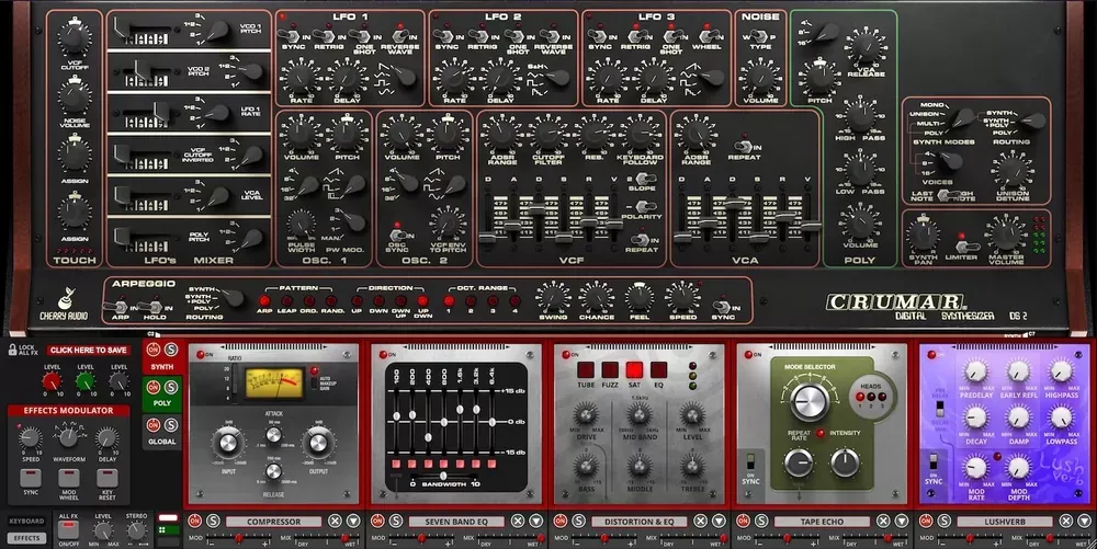 Panel con cadena de efectos ampliada (Compressor, Seven Band EQ, Distortion, Tape Echo y Lushverb) del Cherry Audio Crumar DS-2