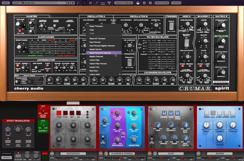 Panel Multi Voice, modulador de efecto y efectos de estudio del Cherry Audio Crumar Spirit