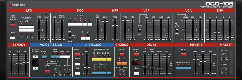 Panel completo del sintetizador virtual Cherry Audio DCO-106 con secciones LFO, DCO, HPF, VCF, VCA y ENV