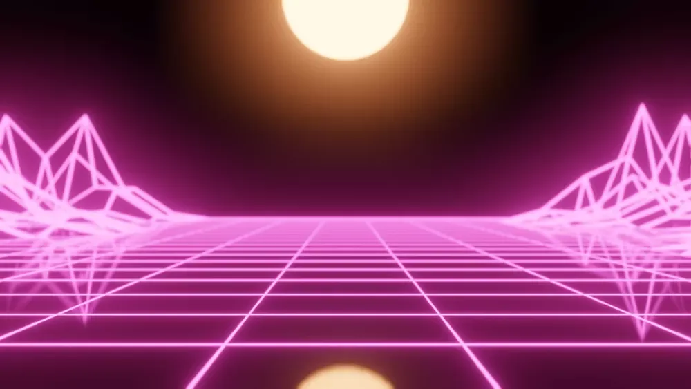 Fondo de estética synthwave con rejilla de neón rosa, evocando los años 80 del DCO-106