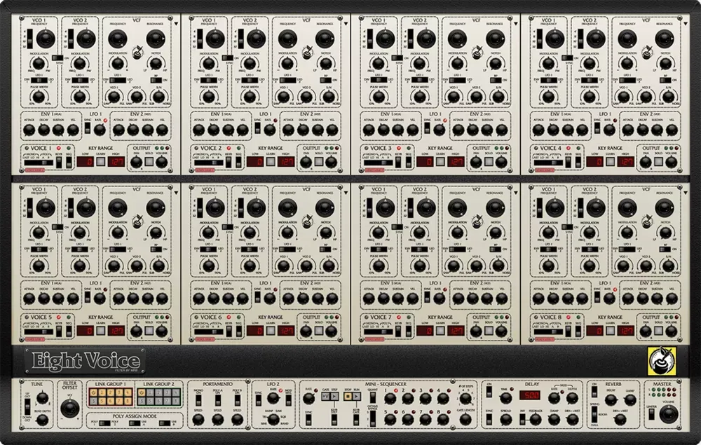 Panel completo del Cherry Audio Eight Voice con ocho módulos de voz de doble oscilador y mini-secuenciador