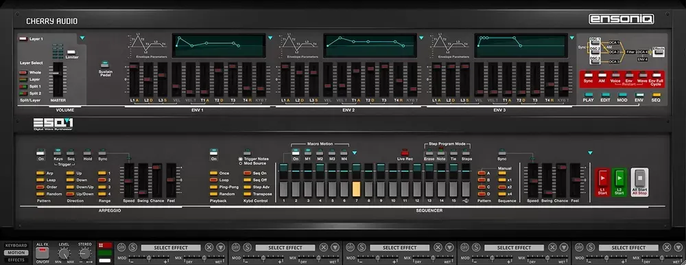 Arpegiador y secuenciador de pasos 16x4 del Cherry Audio Ensoniq ESQ-1