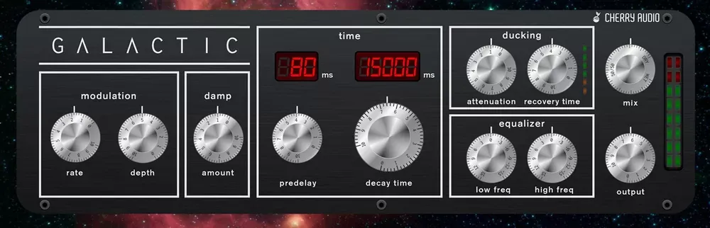 Secciones de ducking, ecualizador y tiempo del Cherry Audio Galactic Reverb