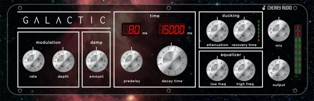 Panel del plugin de reverb Cherry Audio Galactic Reverb