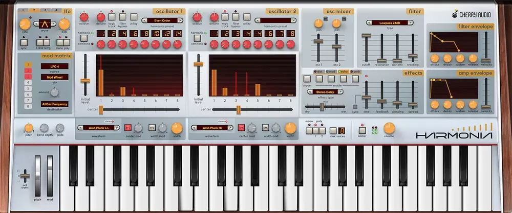 Interfaz completa del sintetizador virtual Cherry Audio Harmonia con dos osciladores de escaneo armónico, filtro y efectos