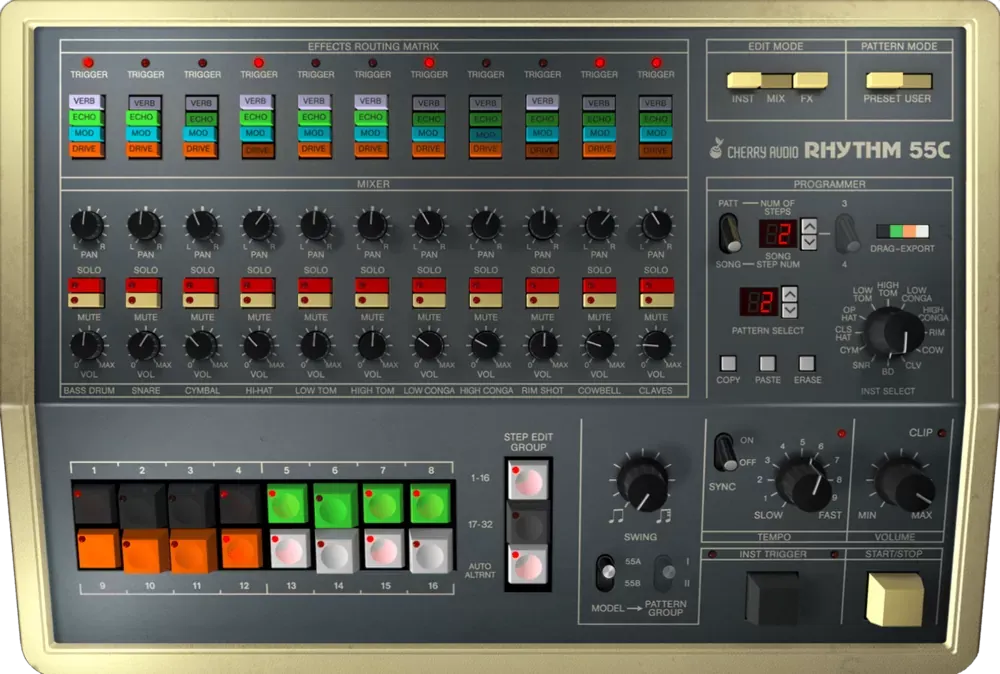 Panel principal de la caja de ritmos virtual Cherry Audio KR-55C con mezclador, secuenciador X0X y sección de programación