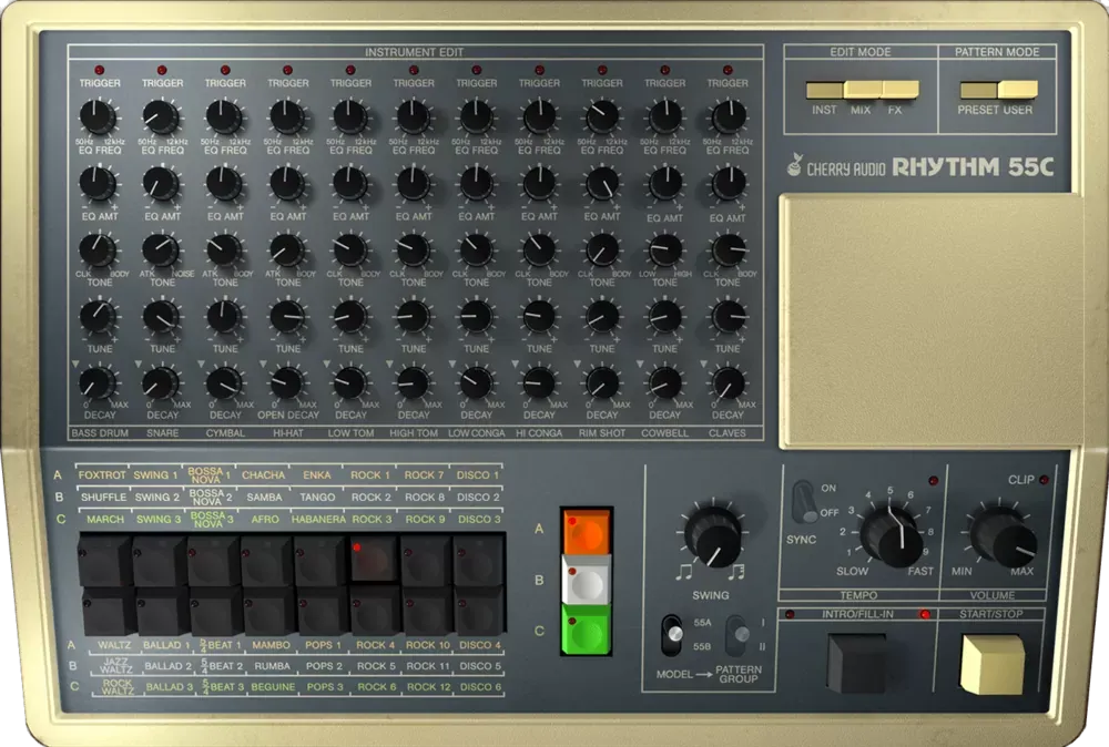 Página Instrument Edit de Cherry Audio KR-55C con EQ paramétrico, tono, afinación y decay por instrumento
