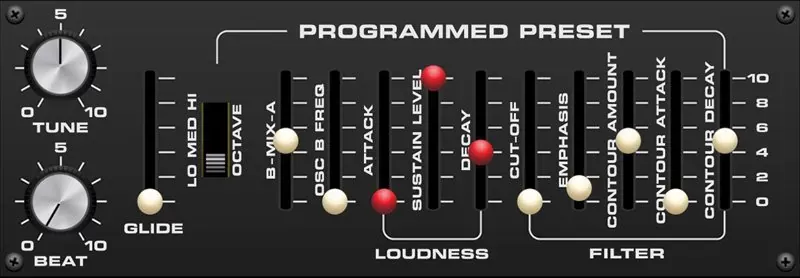 Controles Programmed Preset del Cherry Audio Lowdown: Tune, Beat, Glide y filtro