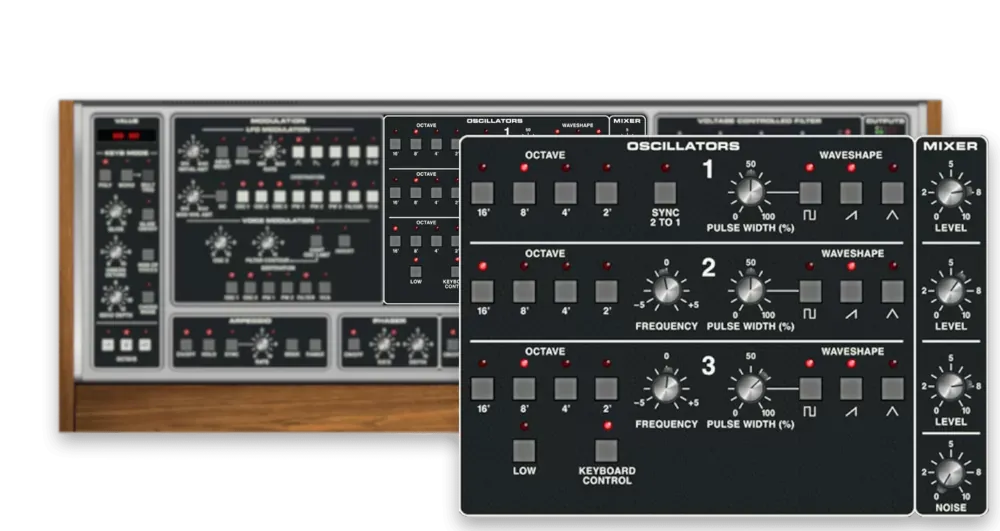 Sección de tres osciladores y mixer del Cherry Audio Memorymode