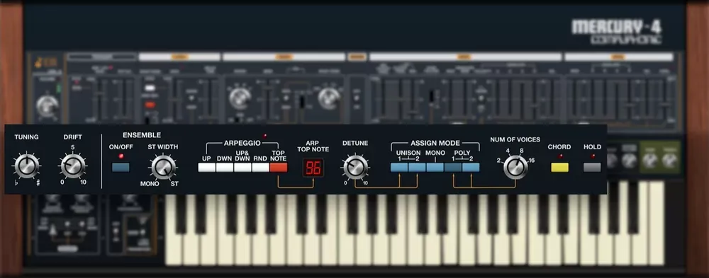 Arpegiador, modos de asignación de voces y ensemble del Cherry Audio Mercury-4