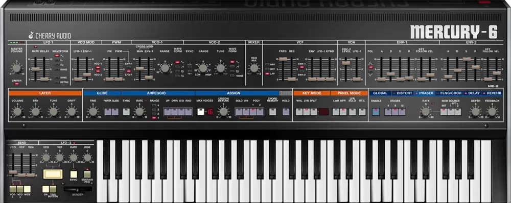 Panel completo del sintetizador virtual Cherry Audio Mercury-6, basado en el Jupiter-6