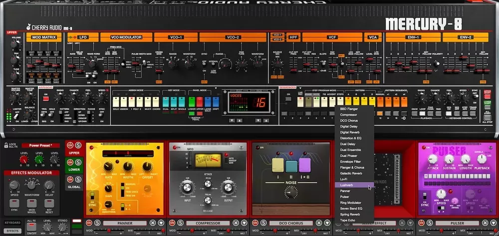 Cadenas de efectos y lista de 20 efectos de estudio del Cherry Audio Mercury-8