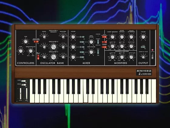 Sintetizador virtual Cherry Audio Miniverse en vista angular sobre forma de onda