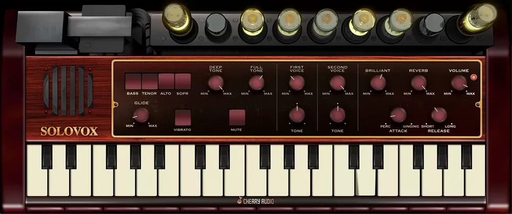 Panel del Solovox virtual de Cherry Audio con tubos de vacío iluminados