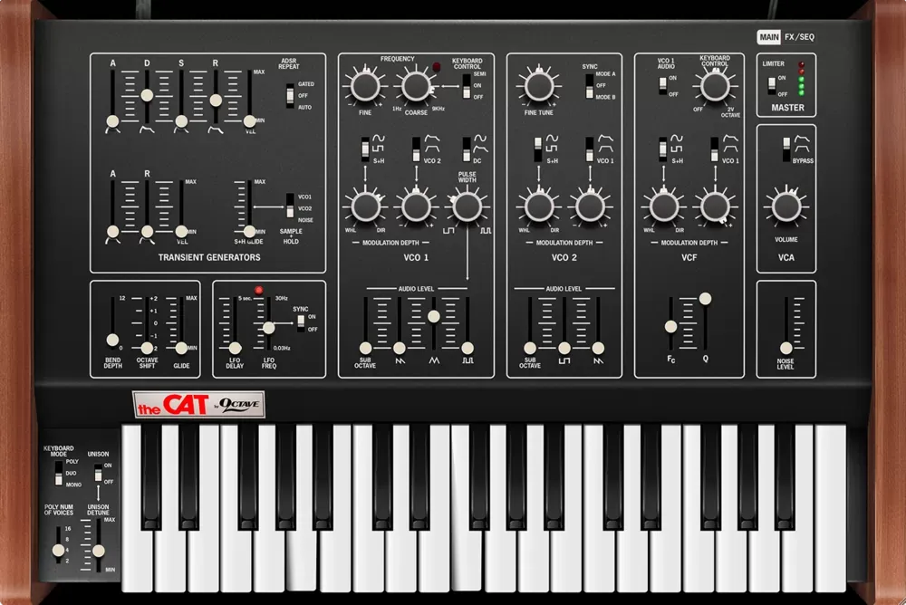 Vista principal del Cherry Audio Octave Cat con skin alternativo, osciladores y filtro resonante de cuatro polos