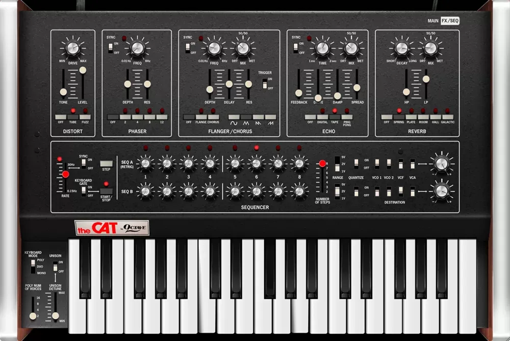 Panel FX/SEQ del Cherry Audio Octave Cat con distorsión, phaser, flanger, echo, reverb y secuenciador de ocho pasos