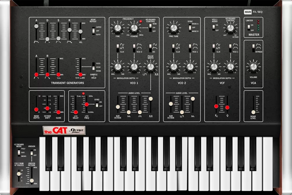 Panel principal del sintetizador virtual Cherry Audio Octave Cat con secciones VCO 1, VCO 2, filtro VCF y generadores de transiente