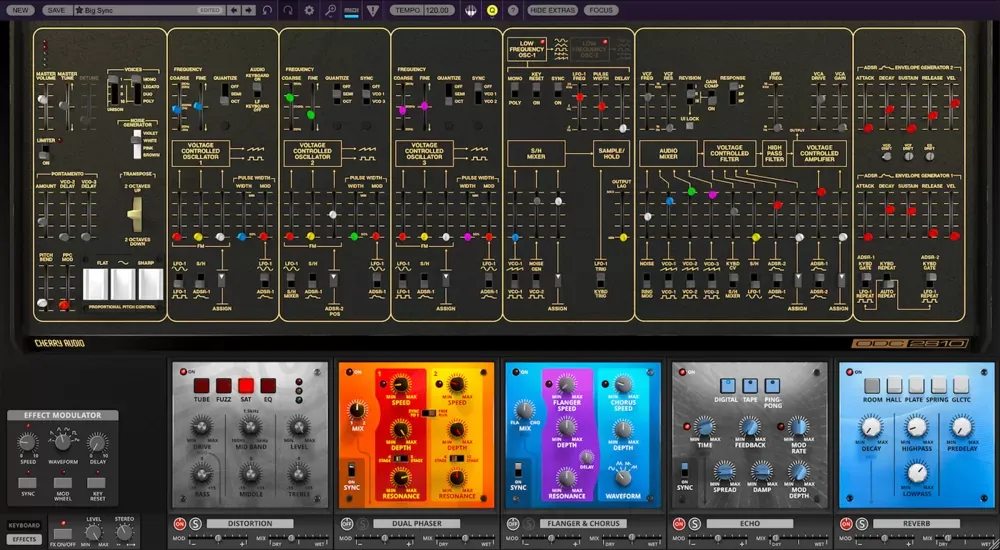 Suite de efectos integrada de Cherry Audio ODC 2800 desplegada con distorsión, phaser dual, flanger/chorus, echo y reverb