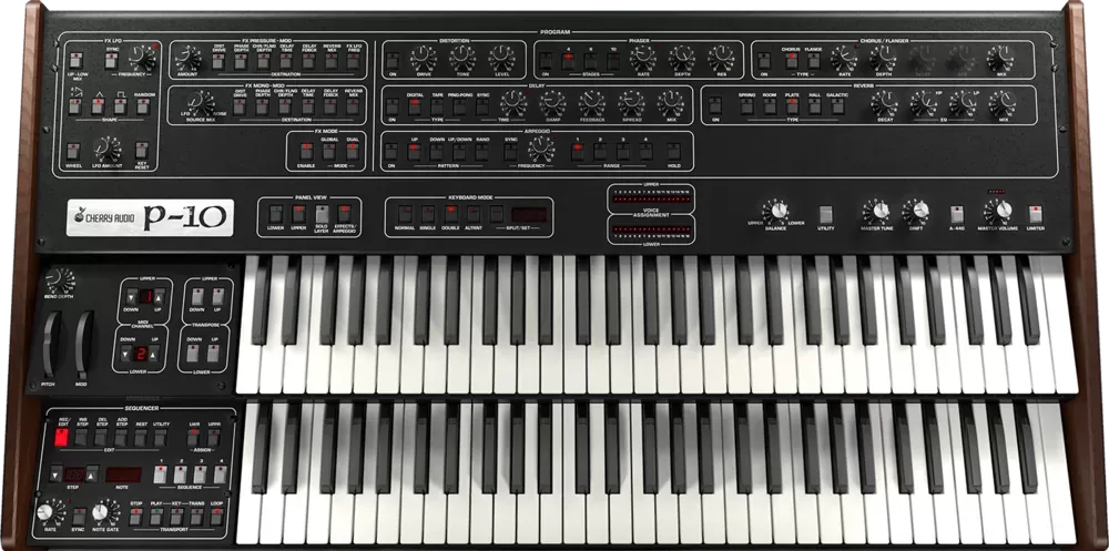 Panel de efectos y arpegiador de Cherry Audio P-10 con distorsión, phaser, chorus, delay y reverb