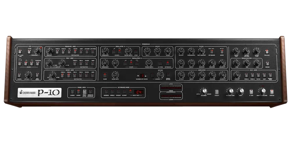 Vista de controles de síntesis de Cherry Audio P-10 con modulaciones Poly, Mono y Pressure, osciladores y filtro