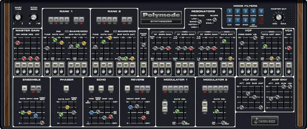 Panel completo del sintetizador virtual Cherry Audio Polymode con Rank 1, Rank 2, resonadores y efectos