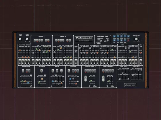 Panel del Cherry Audio Polymode enmarcado sobre un fondo oscuro con rejilla