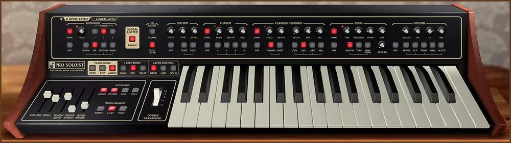 Modo Arp/FX del Cherry Audio Pro Soloist con arpegiador, distorsión, phaser, flanger, echo y reverb