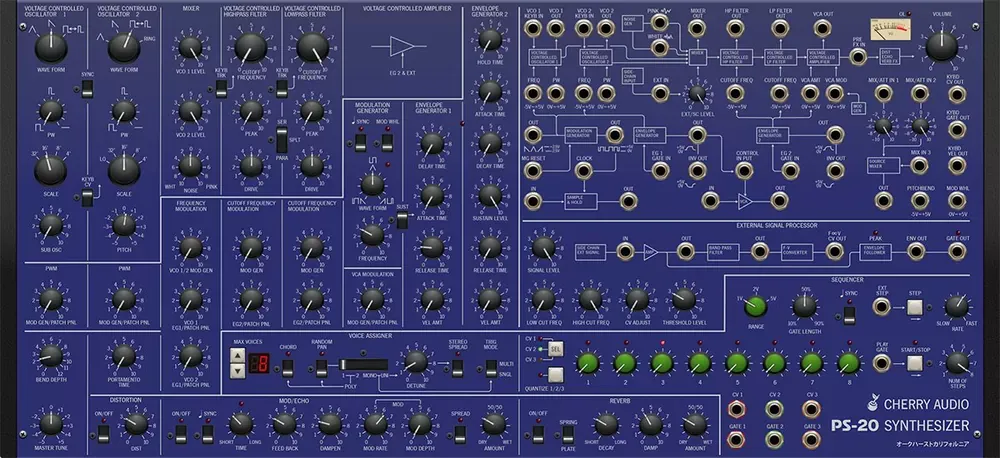 Panel del Cherry Audio PS-20 en tema de color azul con la sección de secuenciador