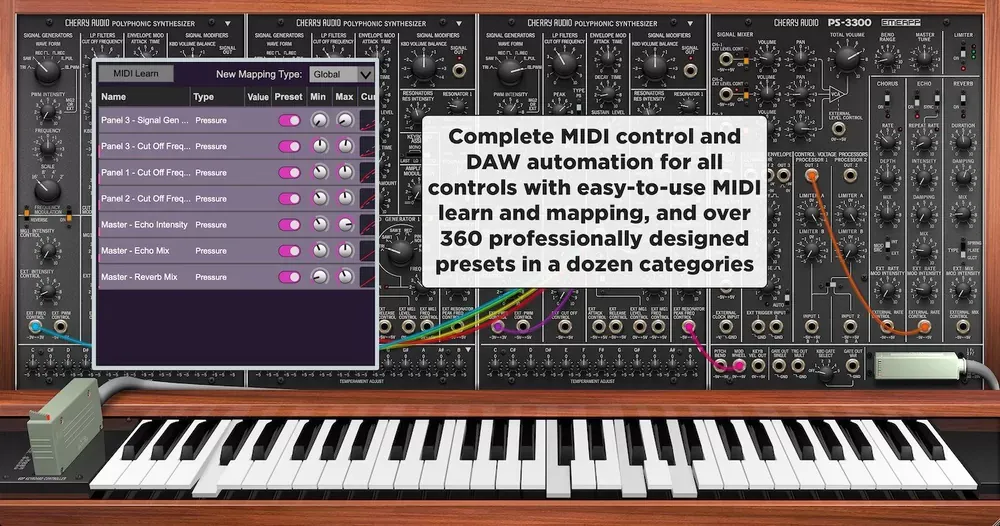 Cableado semimodular y ventana de asignación MIDI del Cherry Audio PS-3300