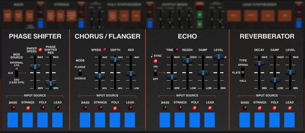 Sección de efectos (phaser, chorus/flanger, echo y reverb) del Cherry Audio Quadra