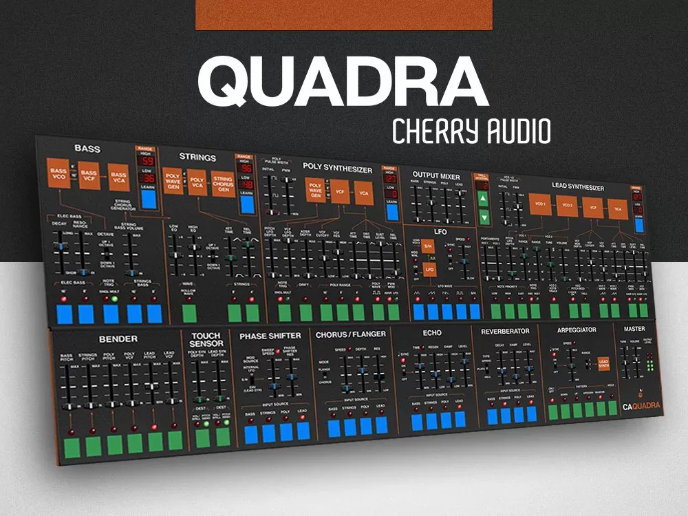 Panel del sintetizador virtual Cherry Audio Quadra inspirado en el ARP Quadra, incluido en la Synth Pioneer Collection