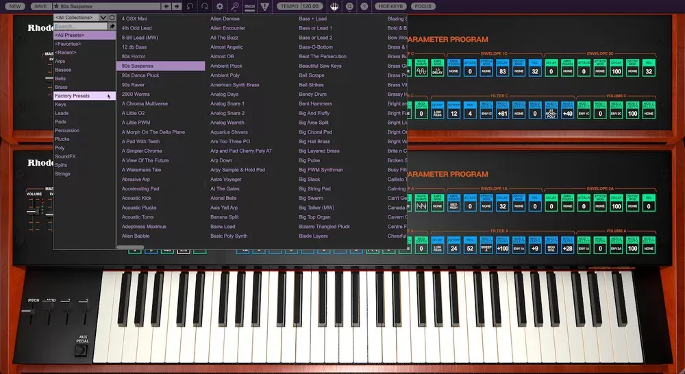 Navegador de presets del Cherry Audio Rhodes Chroma con categorías de sonidos