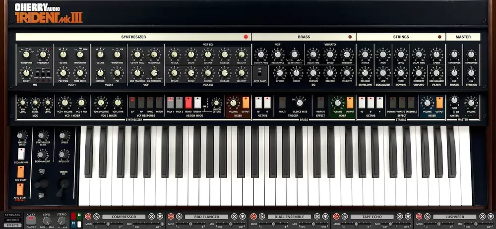 Panel superior con las secciones Synth, Brass, Strings y Master del Cherry Audio Trident Mk III
