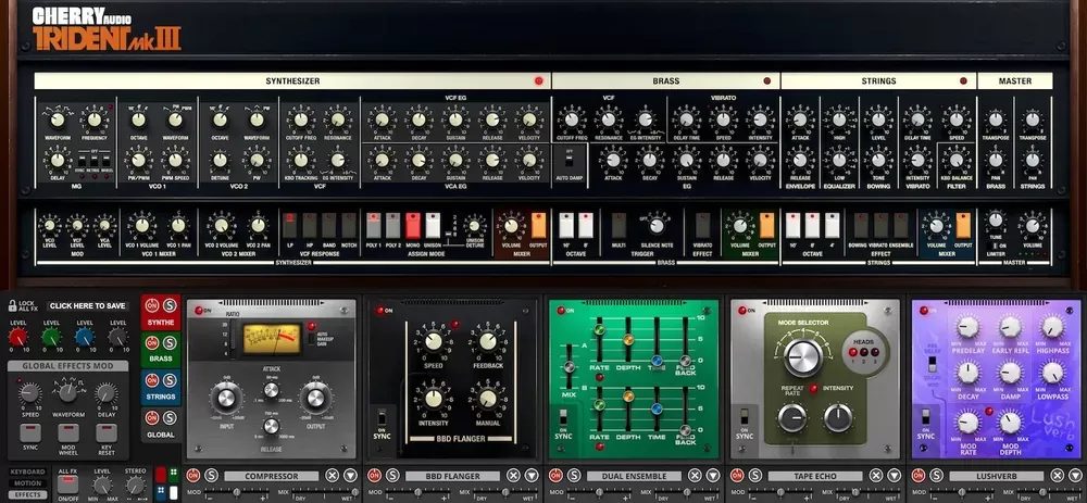 Cadenas de efectos globales (compresor, flanger BBD, Dual Ensemble, Tape Echo y Lushverb) del Cherry Audio Trident Mk III