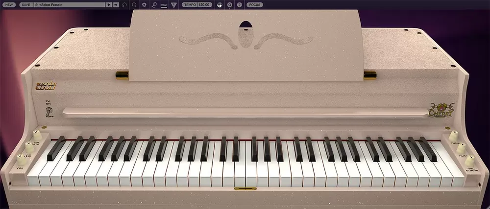 Interfaz del piano eléctrico virtual Cherry Audio Wurlybird 140B con teclado y controles de vibrato, tune, hum y velocity