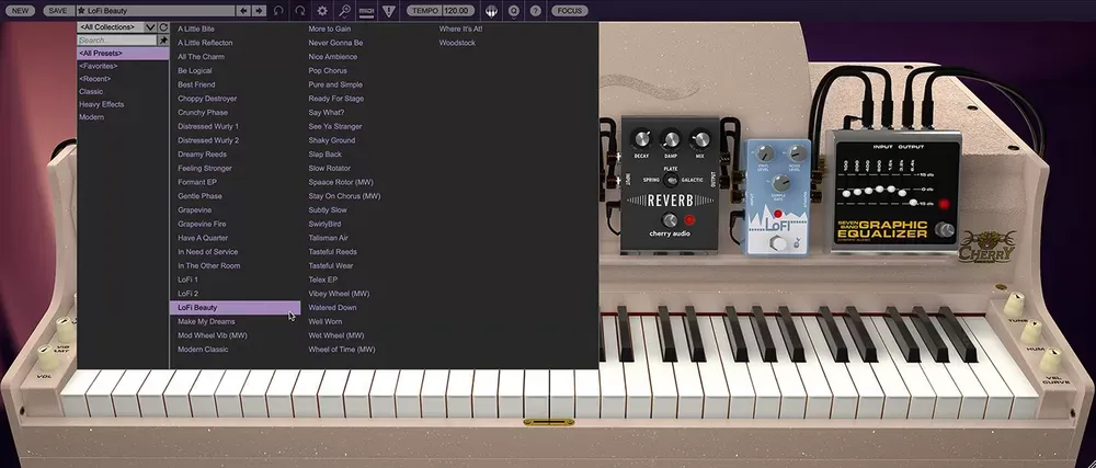 Navegador de presets y efectos del Cherry Audio Wurlybird 140B