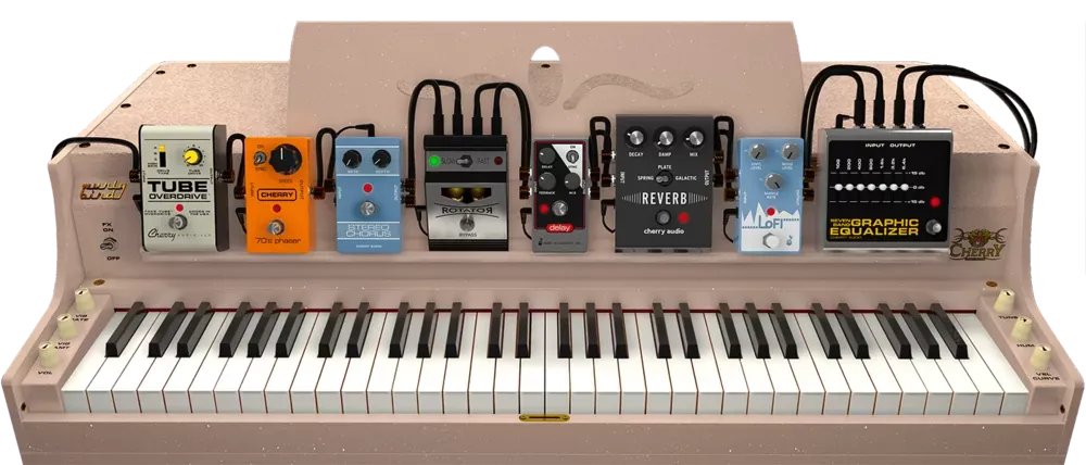 Cadena de efectos tipo pedal del Cherry Audio Wurlybird 140B: overdrive, phaser, chorus, rotator, delay, reverb, LoFi y ecualizador gráfico