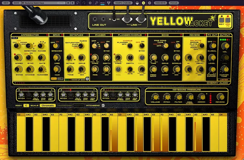 Panel Arp/FX de Cherry Audio Yellowjacket con arpegiador, efecto de altavoz, Octafuzz, phaser, flanger/chorus, echo y reverb
