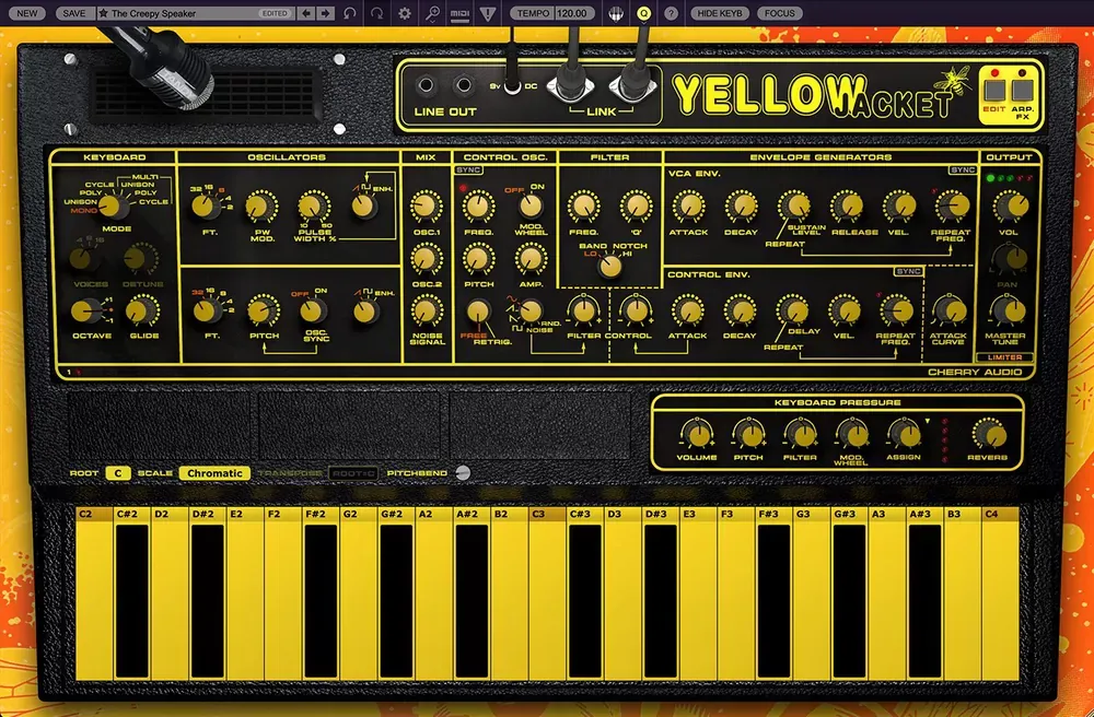 Vista Edit de Cherry Audio Yellowjacket con modos de voz, osciladores, filtro de estado variable y generadores de envolvente