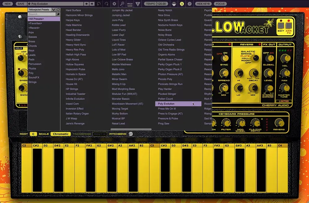 Explorador de presets de Cherry Audio Yellowjacket con categorías Leads, Pads, Bass y Strings junto al panel de efectos