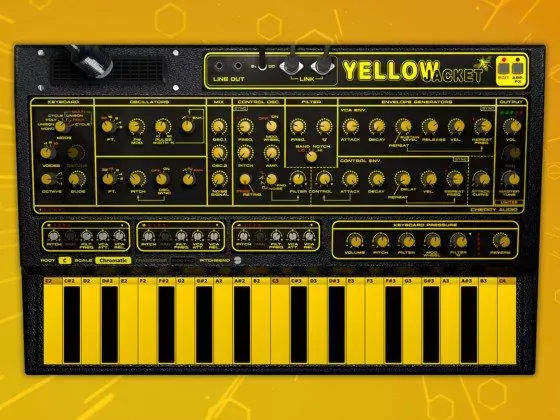 Panel completo del sintetizador virtual Cherry Audio Yellowjacket con su teclado amarillo capacitivo