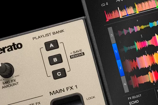 Botones Playlist Bank del PRIME 4 G2 junto a la pantalla con formas de onda
