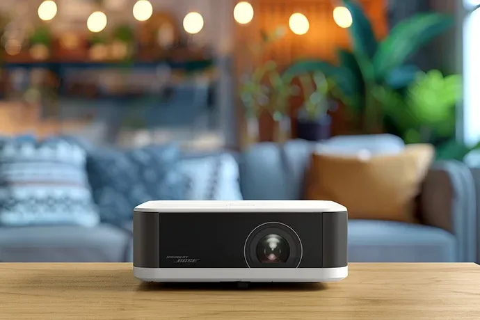 Epson Lifestudio Pop EF-61 blanco sobre la mesa del living con Google TV