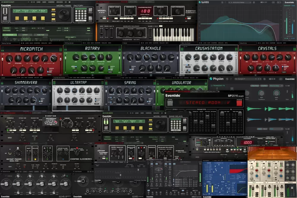 Collage con las interfaces de los 32 plugins del bundle Eventide Anthology XII: MicroPitch, Blackhole, CrushStation, Crystals, ShimmerVerb, UltraTap, Undulator y más