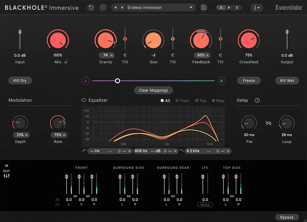 Interfaz del plugin Eventide Blackhole Immersive con controles Gravity, Size, Feedback y Crossfeed, ecualizador por altavoces y faders de canales surround para Dolby Atmos