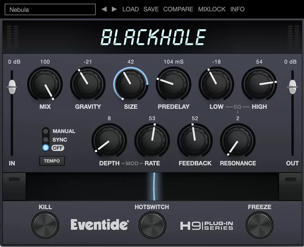 Interfaz del plugin Eventide Blackhole con los controles Mix, Gravity, Size y Feedback