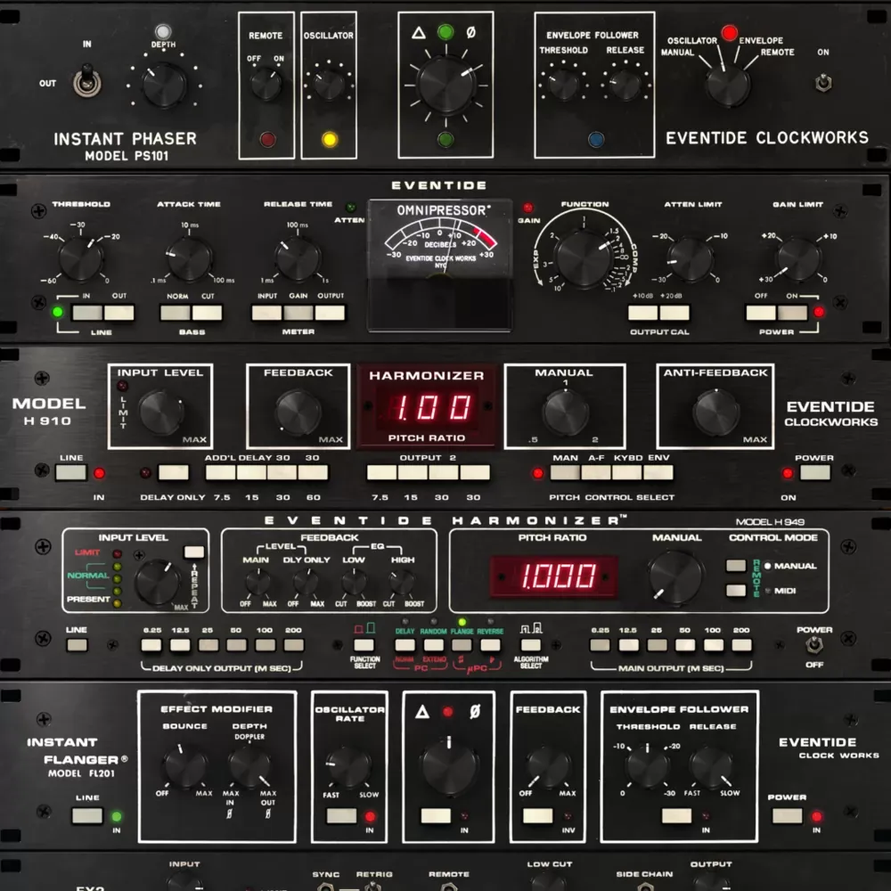 Emulaciones del Clockworks Bundle en rack: Instant Phaser, Omnipressor, H910, H949 e Instant Flanger de Eventide