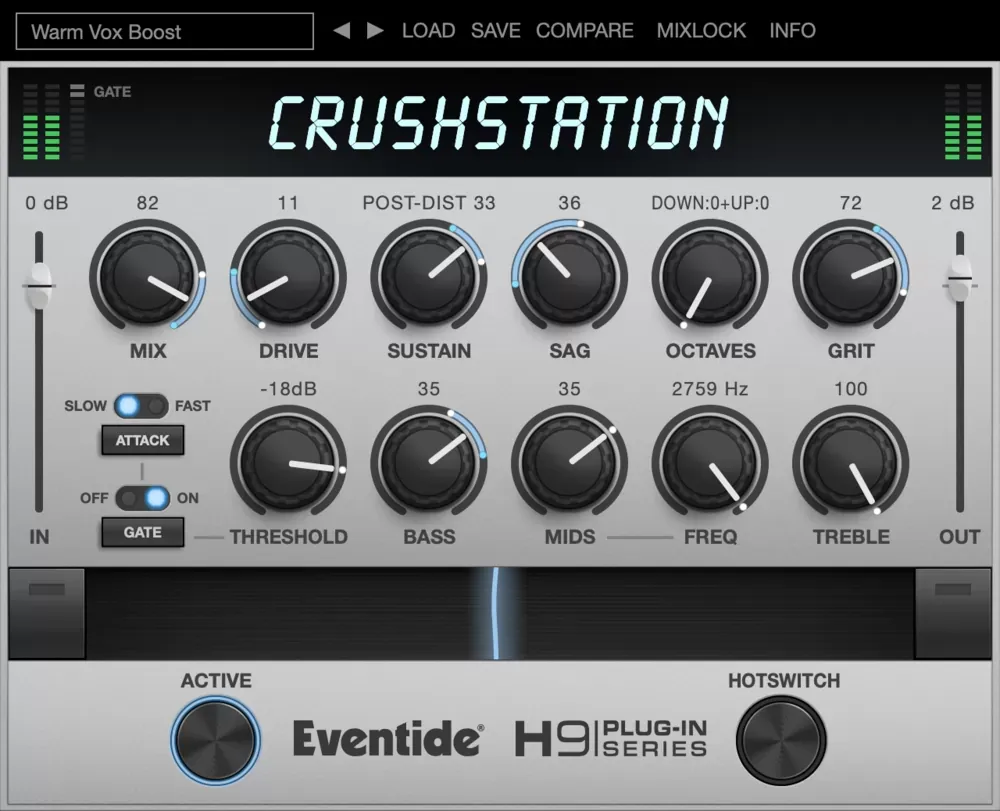 Interfaz del plugin Eventide CrushStation con los controles Mix, Drive, Sustain, Sag, Octaves, Grit y EQ de tres bandas