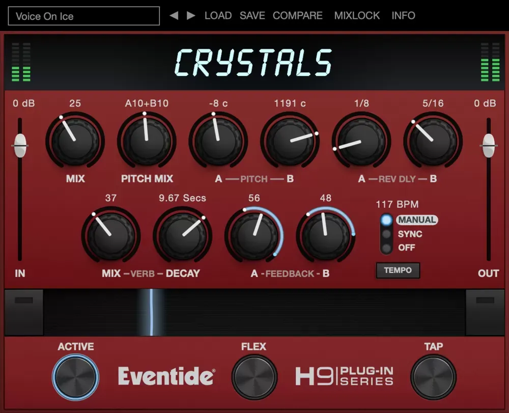 Interfaz del plugin Eventide Crystals con los controles Mix, Pitch Mix, Pitch A/B, Reverse Delay, Decay y Feedback