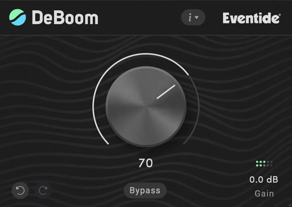 Interfaz del plugin Eventide DeBoom con su única perilla, botón Bypass y control de ganancia
